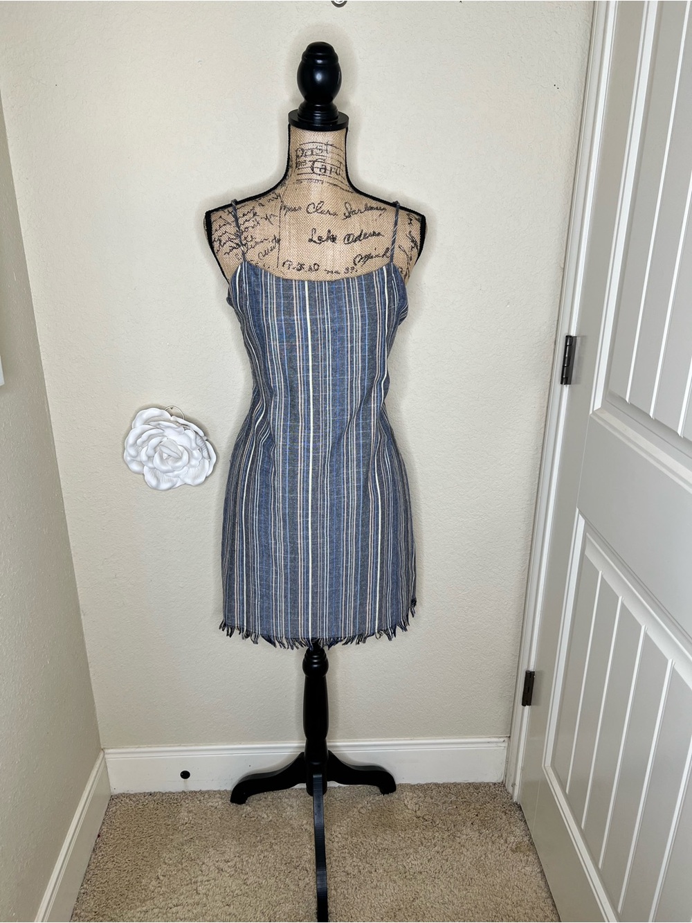 NTM: American Threads Blue Striped Tie Back Mini Dress Open Back Size Large